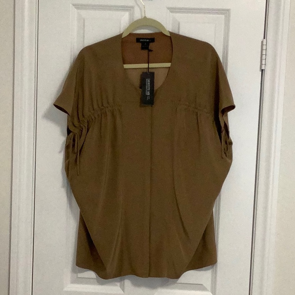 Lafayette 148 New York Tan Ruched Short Sleeve Silk Tunic